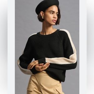 Sanctuary Anthropologie Ribbed Raglan Colorblock Stripe Sweater Black/ Beige M